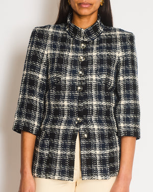 Chanel Navy, White and Black Check Tweed Tweed Cropped Jacket with Cropped Sleeves and Clear Pearl Logo Buttons Size FR 36 (UK 8)