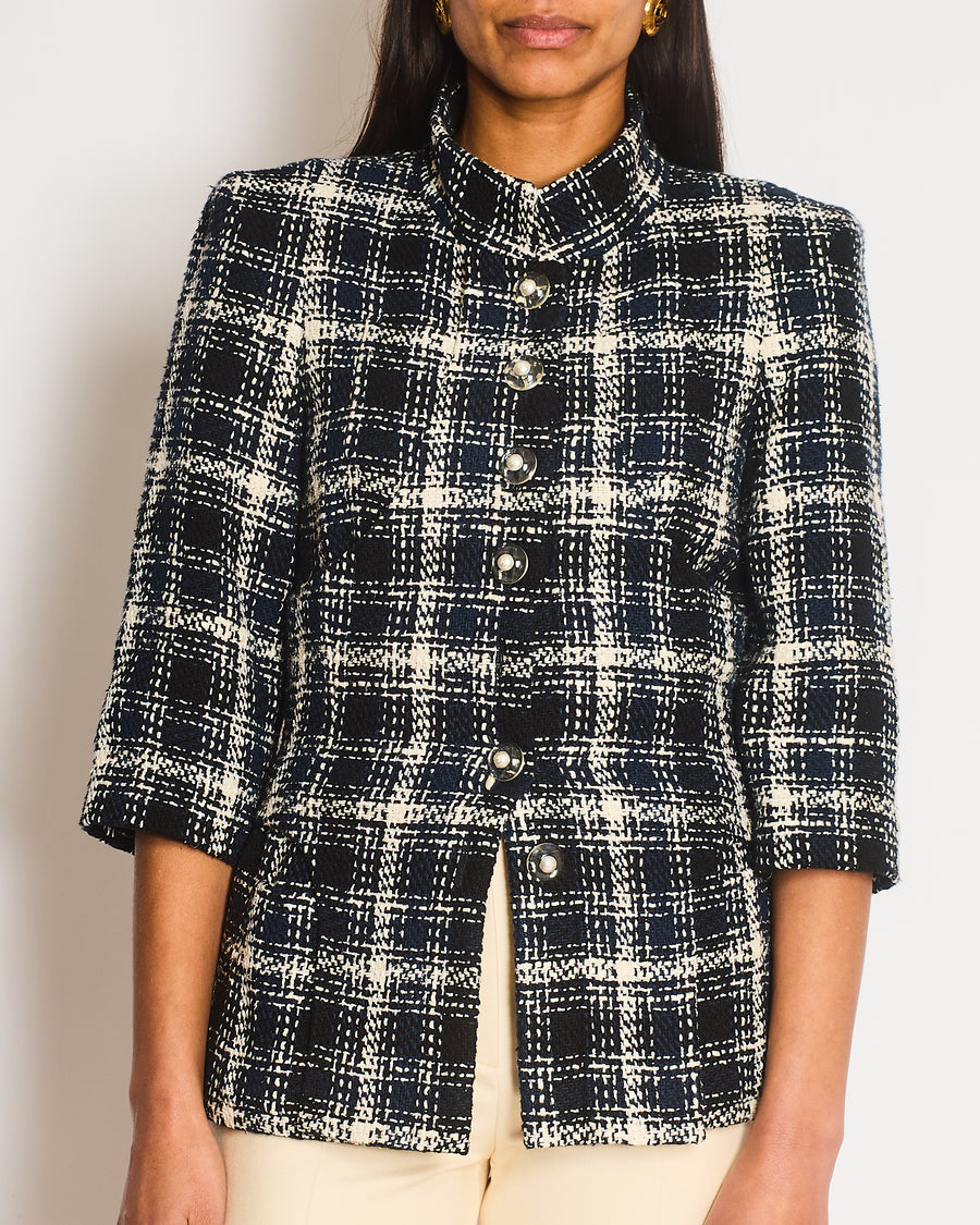 Chanel Navy, White and Black Check Tweed Tweed Cropped Jacket with Cropped Sleeves and Clear Pearl Logo Buttons Size FR 36 (UK 8)
