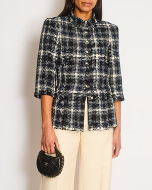 Chanel Navy, White and Black Check Tweed Tweed Cropped Jacket with Cropped Sleeves and Clear Pearl Logo Buttons Size FR 36 (UK 8)