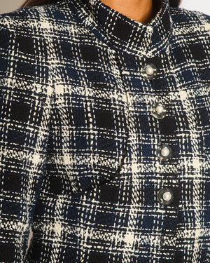 Chanel Navy, White and Black Check Tweed Tweed Cropped Jacket with Cropped Sleeves and Clear Pearl Logo Buttons Size FR 36 (UK 8)