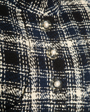 Chanel Navy, White and Black Check Tweed Tweed Cropped Jacket with Cropped Sleeves and Clear Pearl Logo Buttons Size FR 36 (UK 8)
