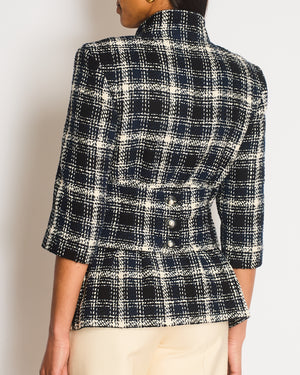Chanel Navy, White and Black Check Tweed Tweed Cropped Jacket with Cropped Sleeves and Clear Pearl Logo Buttons Size FR 36 (UK 8)