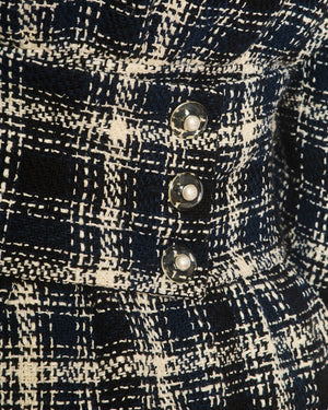 Chanel Navy, White and Black Check Tweed Tweed Cropped Jacket with Cropped Sleeves and Clear Pearl Logo Buttons Size FR 36 (UK 8)
