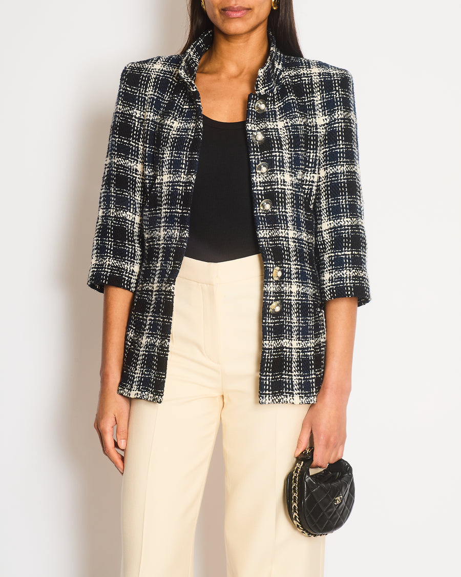 Chanel Navy, White and Black Check Tweed Tweed Cropped Jacket with Cropped Sleeves and Clear Pearl Logo Buttons Size FR 36 (UK 8)