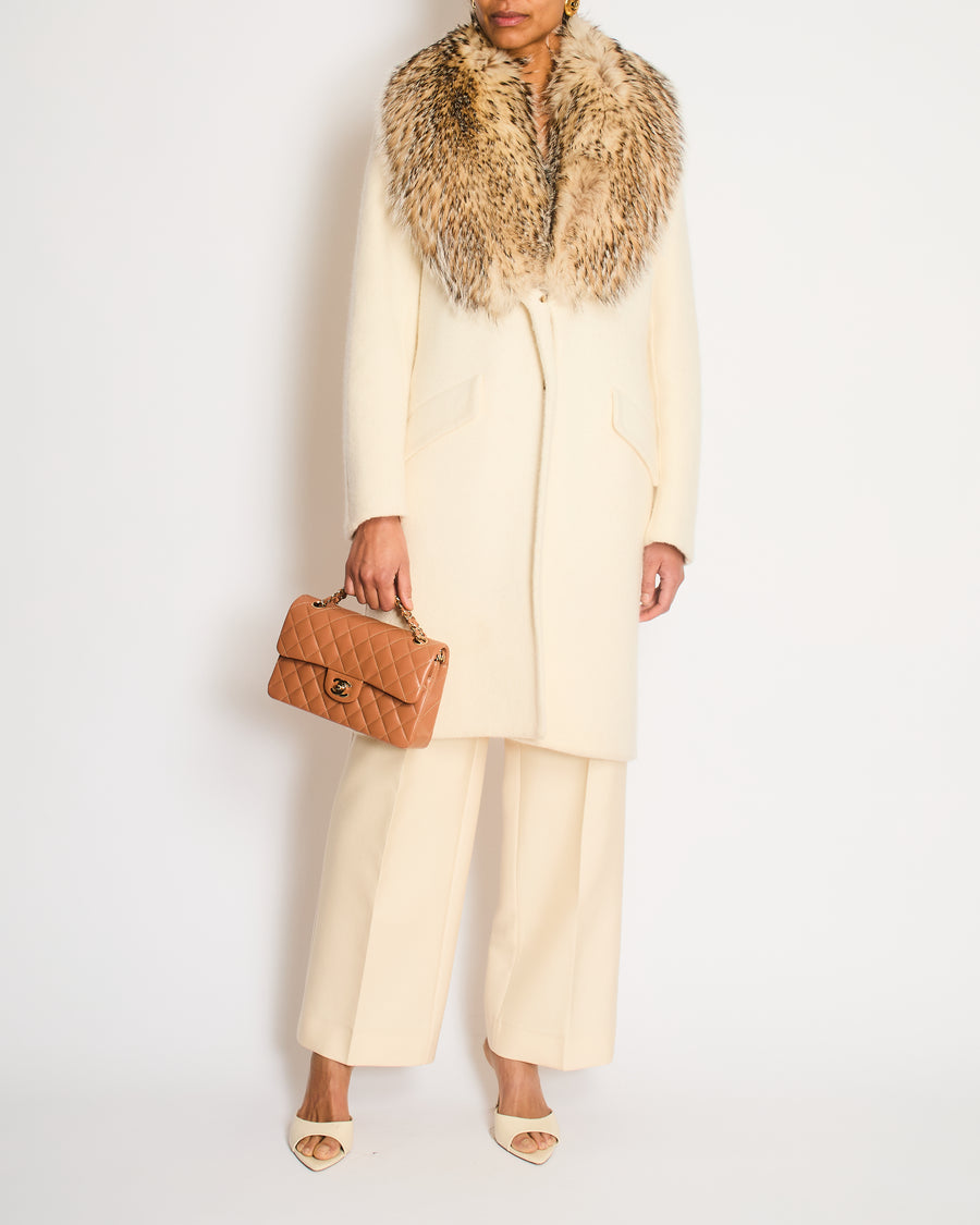 Ermanno Scervino Cream Single Breasted Coat with Fur Collar Detail Size IT 40 (UK 8)