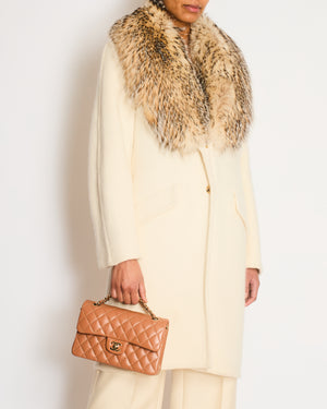 Ermanno Scervino Cream Single Breasted Coat with Fur Collar Detail Size IT 40 (UK 8)