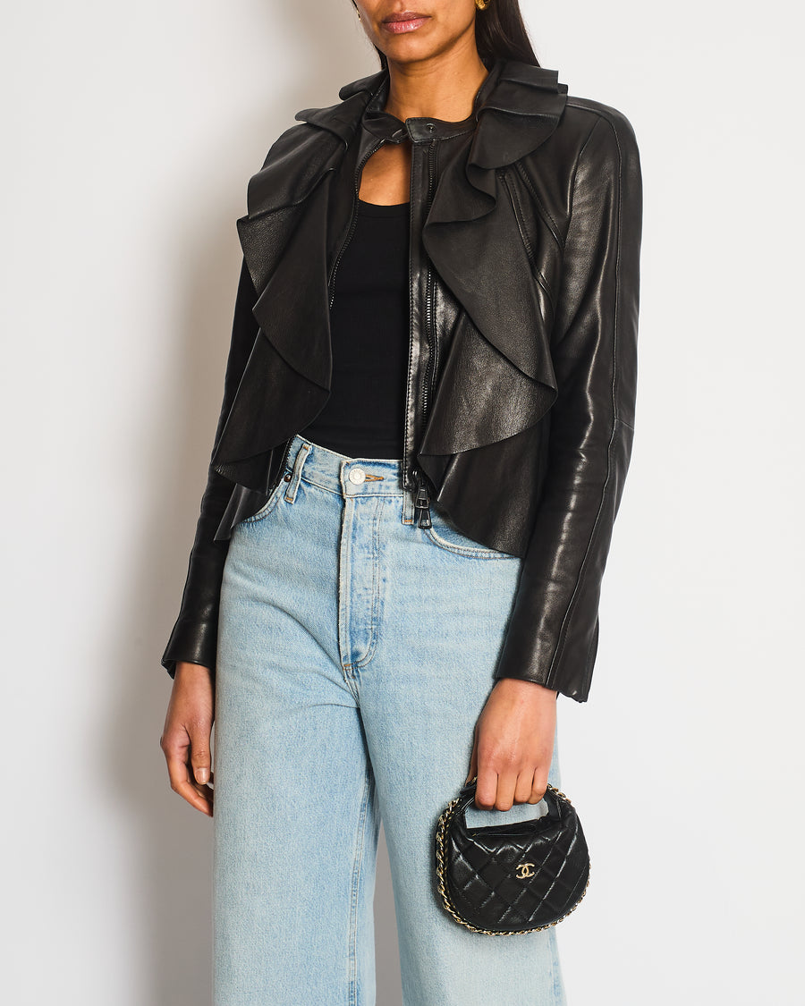 Valentino Black Lambskin Leather Jacket with Ruched Detail Size IT 42 (UK 10)