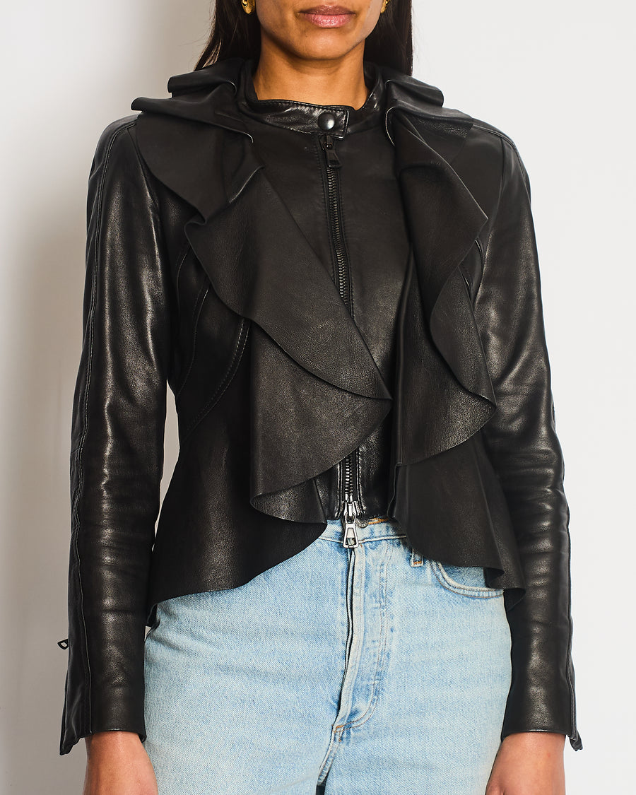 Valentino Black Lambskin Leather Jacket with Ruched Detail Size IT 42 (UK 10)