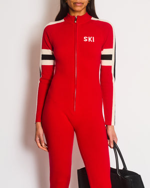 Izaak Azanei Merino Red Ski Jumpsuit With Black and White Stripe Detailing Size UK (8-10)