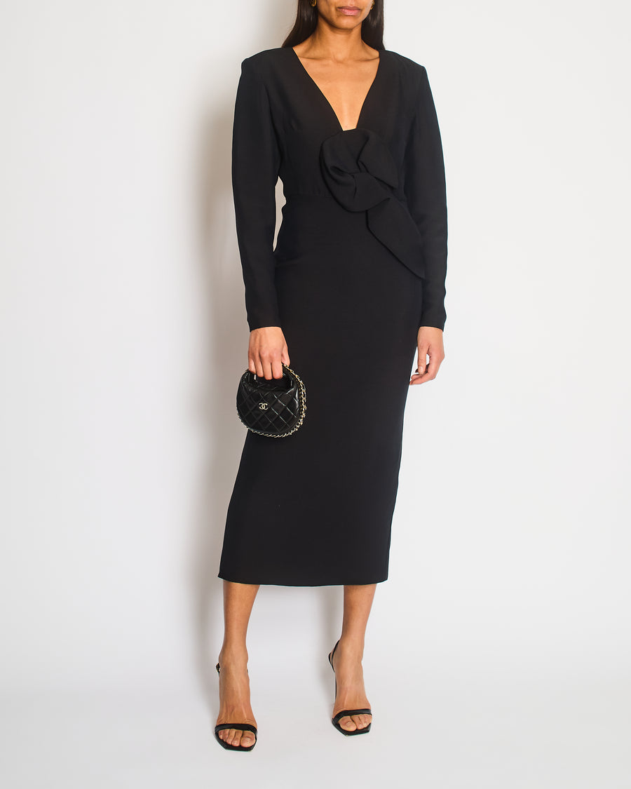 Roland Mouret Black Long Sleeve Midi Dress with V Neck and Ruffle Size UK 8