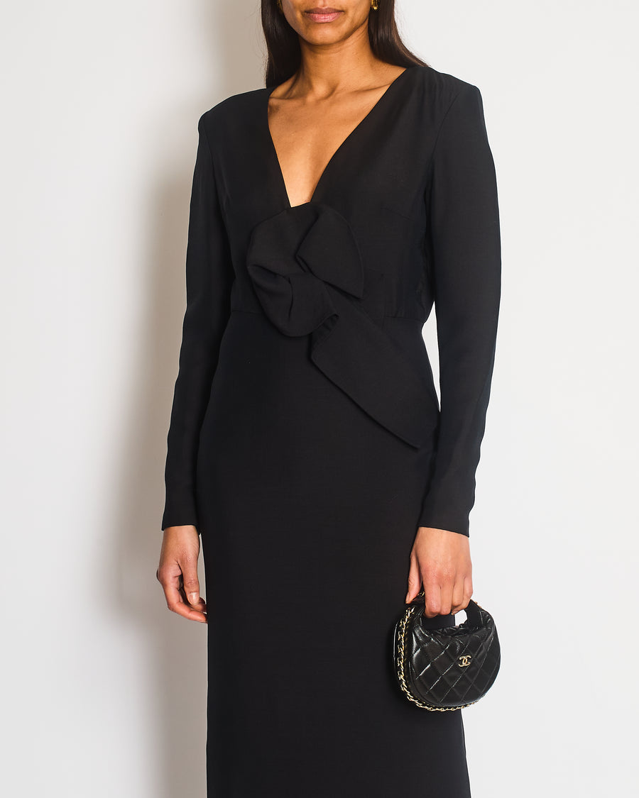 Roland Mouret Black Long Sleeve Midi Dress with V Neck and Ruffle Size UK 8