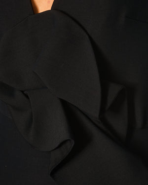 Roland Mouret Black Long Sleeve Midi Dress with V Neck and Ruffle Size UK 8
