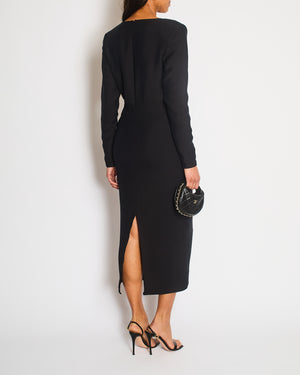 Roland Mouret Black Long Sleeve Midi Dress with V Neck and Ruffle Size UK 8
