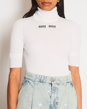 Miu Miu White Ribbed Short Sleeve Logo High Neck Jumper Size IT 38 (UK 6)