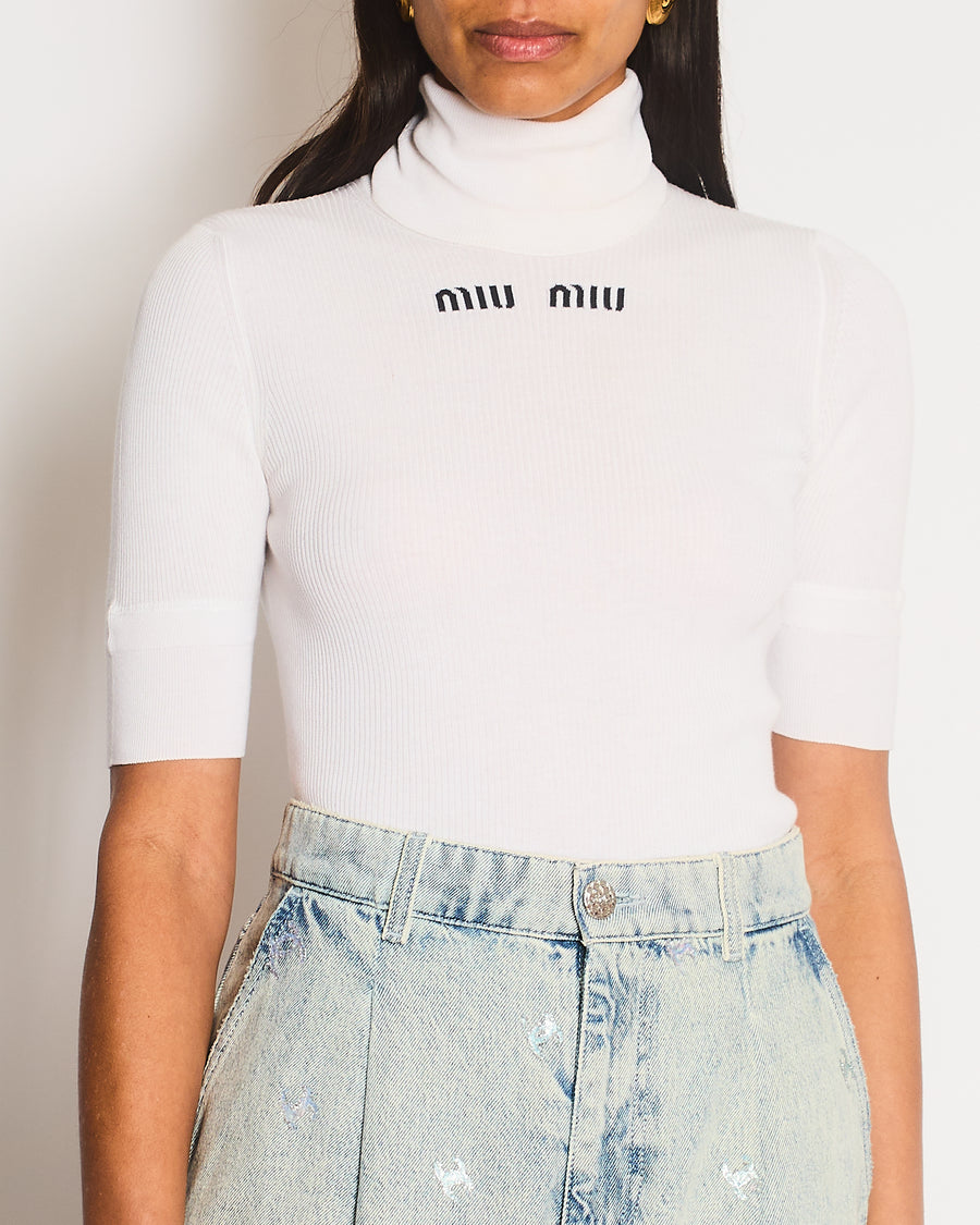 Miu Miu White Ribbed Short Sleeve Logo High Neck Jumper Size IT 38 (UK 6)