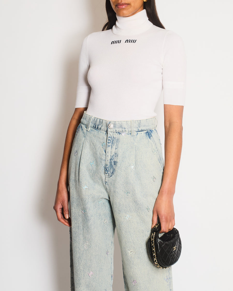 Miu Miu White Ribbed Short Sleeve Logo High Neck Jumper Size IT 38 (UK 6)