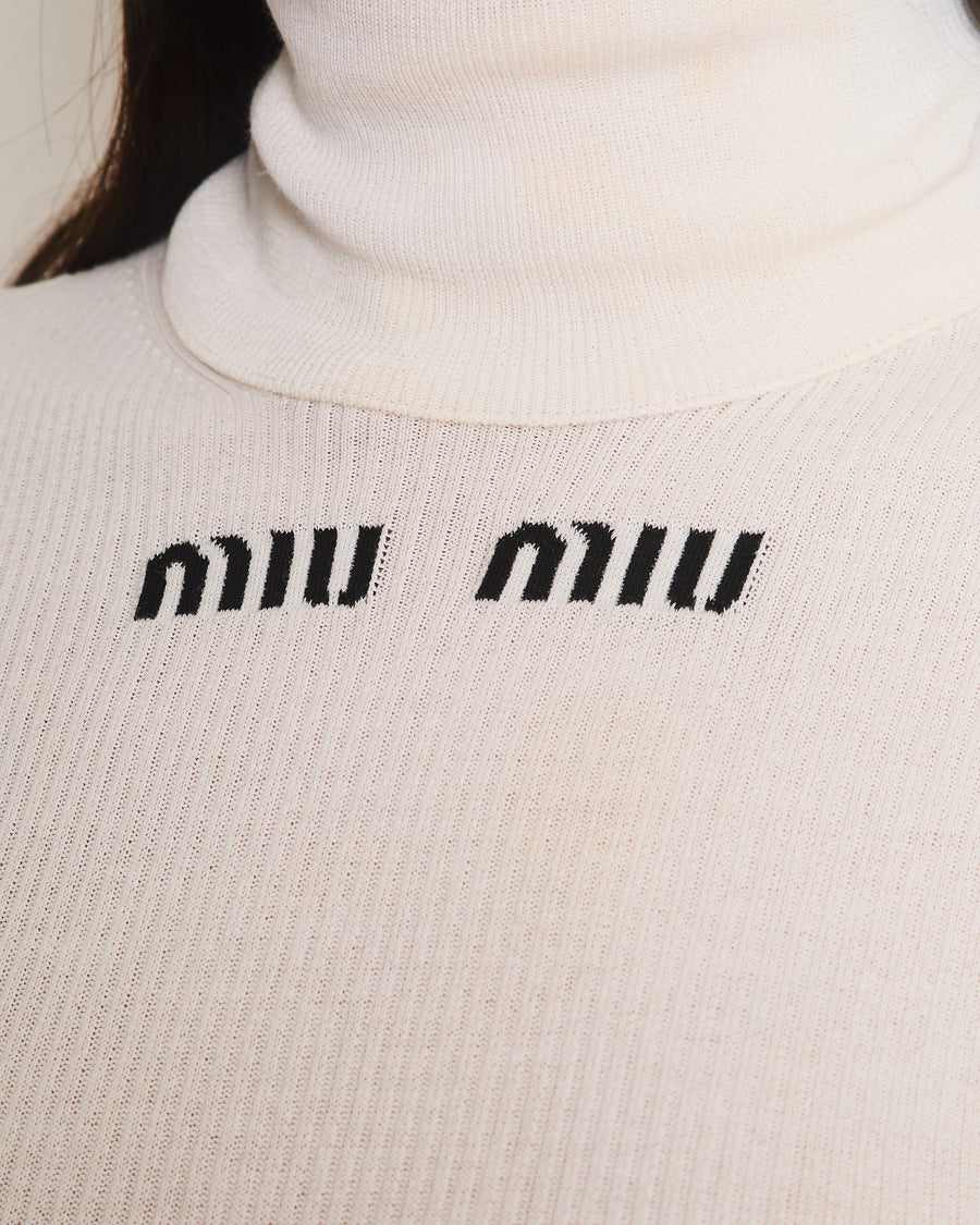 Miu Miu White Ribbed Short Sleeve Logo High Neck Jumper Size IT 38 (UK 6)