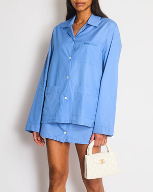 Miu Miu Blue Logo Bowling Button Down Shirt with Matching Skirt Set Size IT 36/38 (UK 4/6)