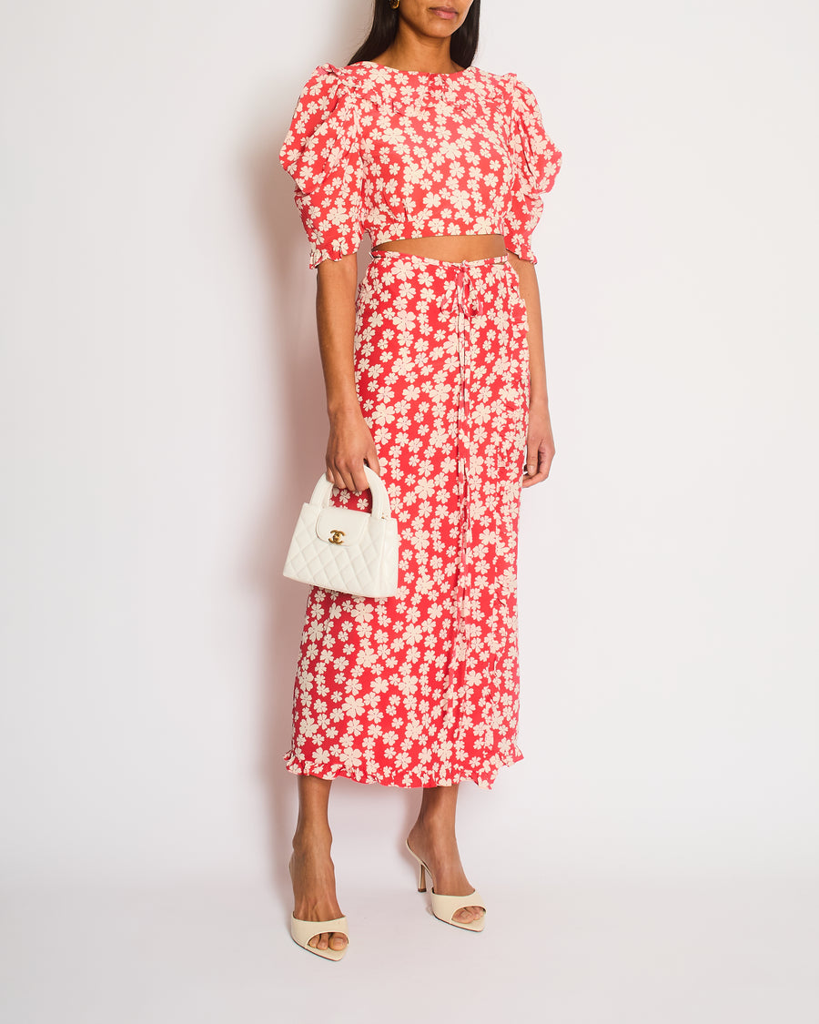 Miu Miu Red and White Floral Logo Maxi Skirt and Top Set with Small Logo Details Size IT 38 (UK 6)