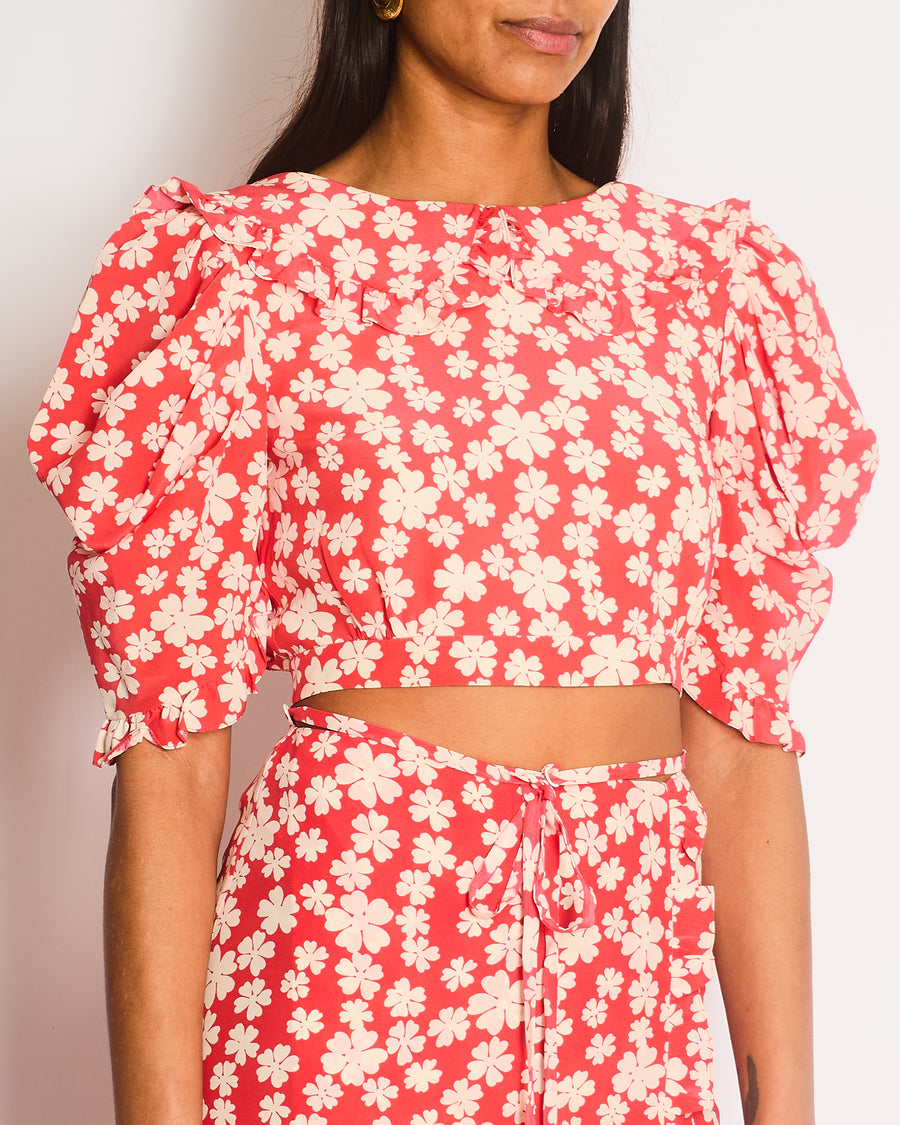 Miu Miu Red and White Floral Logo Maxi Skirt and Top Set with Small Logo Details Size IT 38 (UK 6)