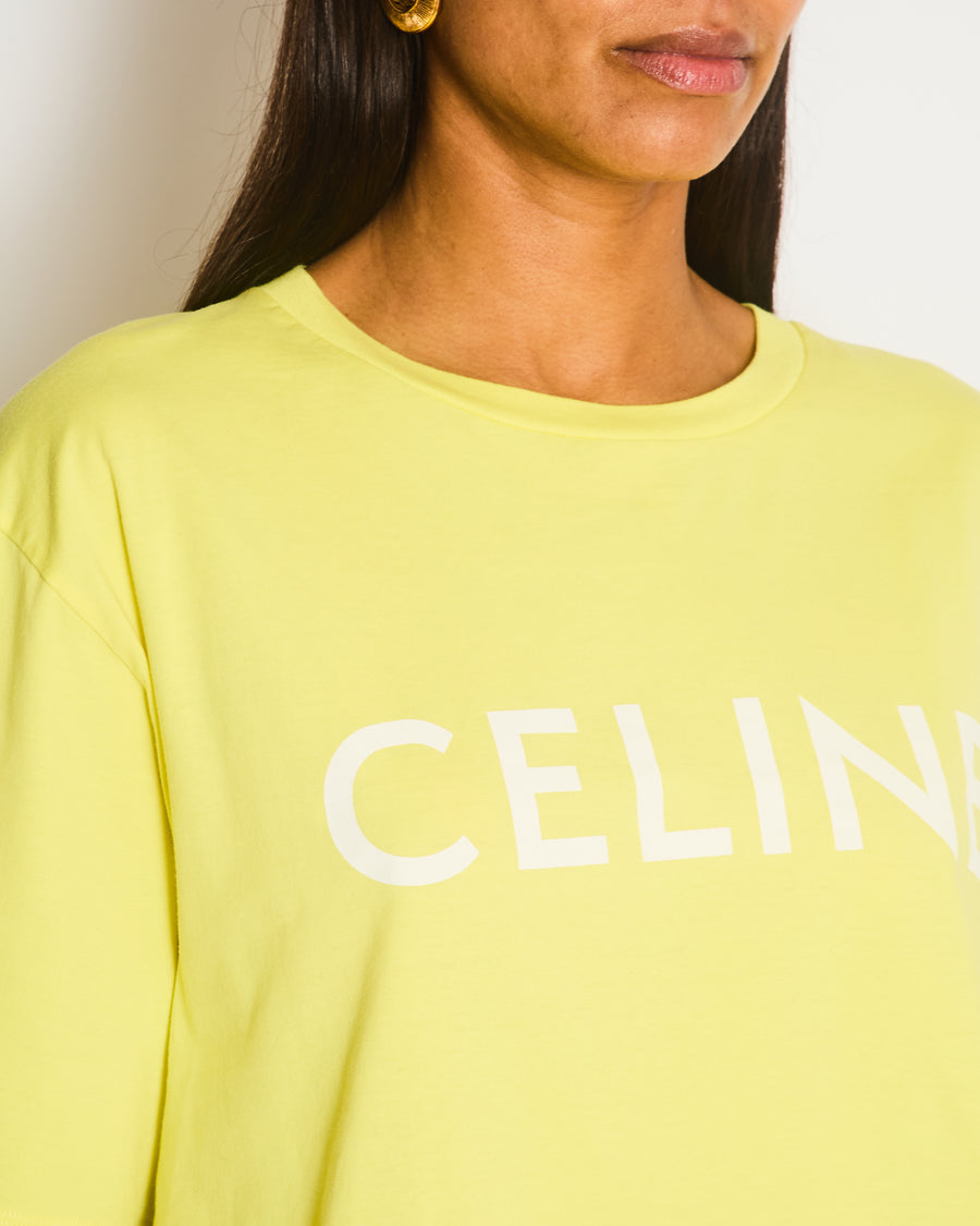 Celine Yellow Cropped Logo T-Shirt Size M (UK 8/10)