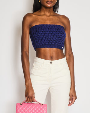 Chanel Resort 2023 Blue Wool Knitted Bandeau Cropped Top with Multi-Colour Crystal Embellished CC Logo Button Size S (UK 8)
