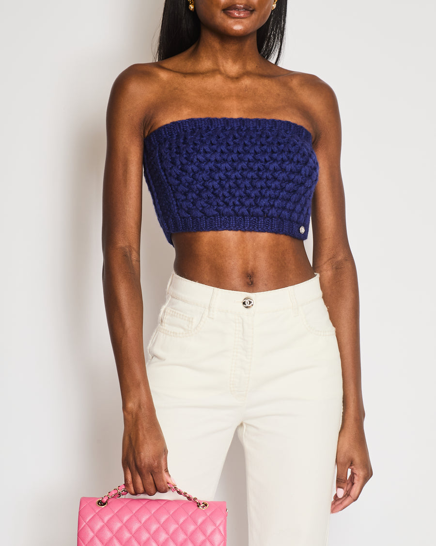 Chanel Resort 2023 Blue Wool Knitted Bandeau Cropped Top with Multi-Colour Crystal Embellished CC Logo Button Size S (UK 8)
