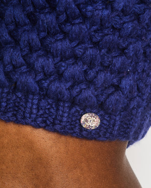 Chanel Resort 2023 Blue Wool Knitted Bandeau Cropped Top with Multi-Colour Crystal Embellished CC Logo Button Size S (UK 8)