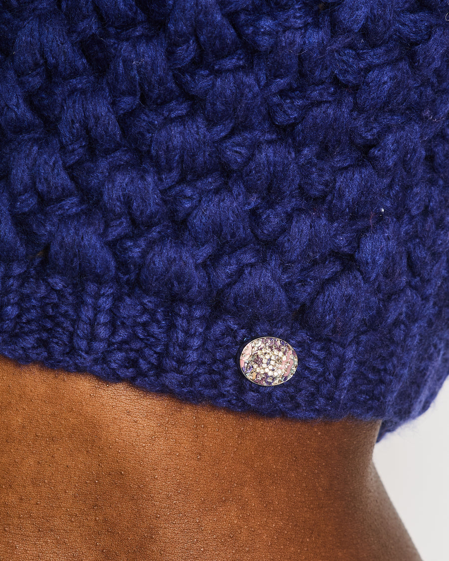 Chanel Resort 2023 Blue Wool Knitted Bandeau Cropped Top with Multi-Colour Crystal Embellished CC Logo Button Size S (UK 8)
