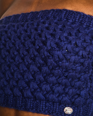 Chanel Resort 2023 Blue Wool Knitted Bandeau Cropped Top with Multi-Colour Crystal Embellished CC Logo Button Size S (UK 8)