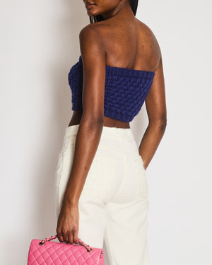 Chanel Resort 2023 Blue Wool Knitted Bandeau Cropped Top with Multi-Colour Crystal Embellished CC Logo Button Size S (UK 8)