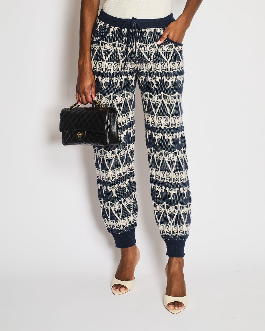 Chanel Cruise 2014 Navy and White Cashmere Knitted Trousers with Abstract Pattern and Silver and Blue Striped CC Logo Button Size FR 34 (UK 6)