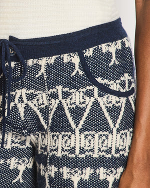 Chanel Cruise 2014 Navy and White Cashmere Knitted Trousers with Abstract Pattern and Silver and Blue Striped CC Logo Button Size FR 34 (UK 6)