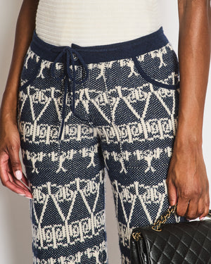 Chanel Cruise 2014 Navy and White Cashmere Knitted Trousers with Abstract Pattern and Silver and Blue Striped CC Logo Button Size FR 34 (UK 6)