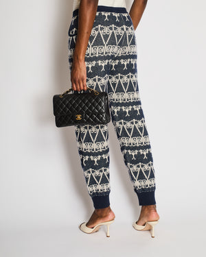 Chanel Cruise 2014 Navy and White Cashmere Knitted Trousers with Abstract Pattern and Silver and Blue Striped CC Logo Button Size FR 34 (UK 6)