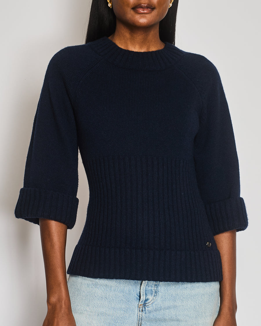 Chanel Fall 2013 Navy Cashmere Jumper with Cuffed Sleeves and Navy and Silver Globe CC Logo Button Detail Size FR 36 (UK 8)