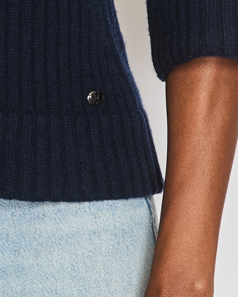 Chanel Fall 2013 Navy Cashmere Jumper with Cuffed Sleeves and Navy and Silver Globe CC Logo Button Detail Size FR 36 (UK 8)