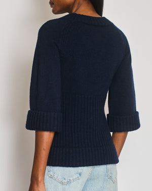 Chanel Fall 2013 Navy Cashmere Jumper with Cuffed Sleeves and Navy and Silver Globe CC Logo Button Detail Size FR 36 (UK 8)