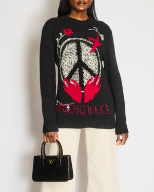 Christian Dior Grey Wool Knitted Youthquake Jumper with White and Red Peace and Rose Print Size FR 36 (UK 8)