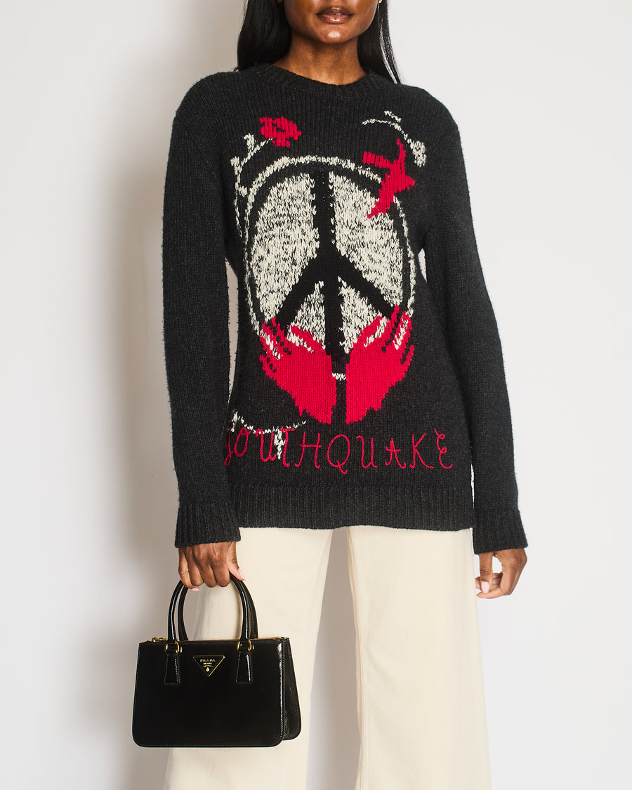 Christian Dior Grey Wool Knitted Youthquake Jumper with White and Red Peace and Rose Print Size FR 36 (UK 8)