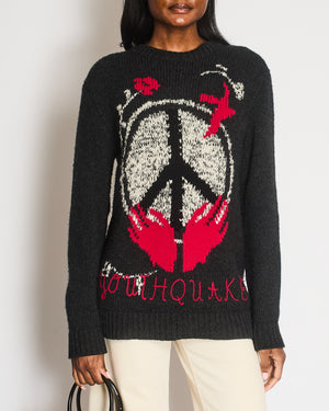 Christian Dior Grey Wool Knitted Youthquake Jumper with White and Red Peace and Rose Print Size FR 36 (UK 8)