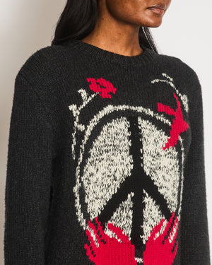 Christian Dior Grey Wool Knitted Youthquake Jumper with White and Red Peace and Rose Print Size FR 36 (UK 8)