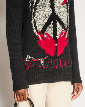 Christian Dior Grey Wool Knitted Youthquake Jumper with White and Red Peace and Rose Print Size FR 36 (UK 8)