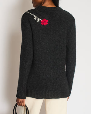 Christian Dior Grey Wool Knitted Youthquake Jumper with White and Red Peace and Rose Print Size FR 36 (UK 8)