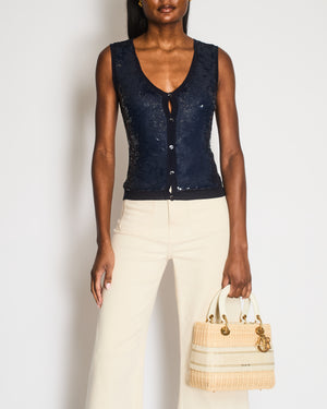 Christian Dior Navy Wool and Sequin Embellished Gilet with Black Logo Buttons Size FR 34 (UK 6)