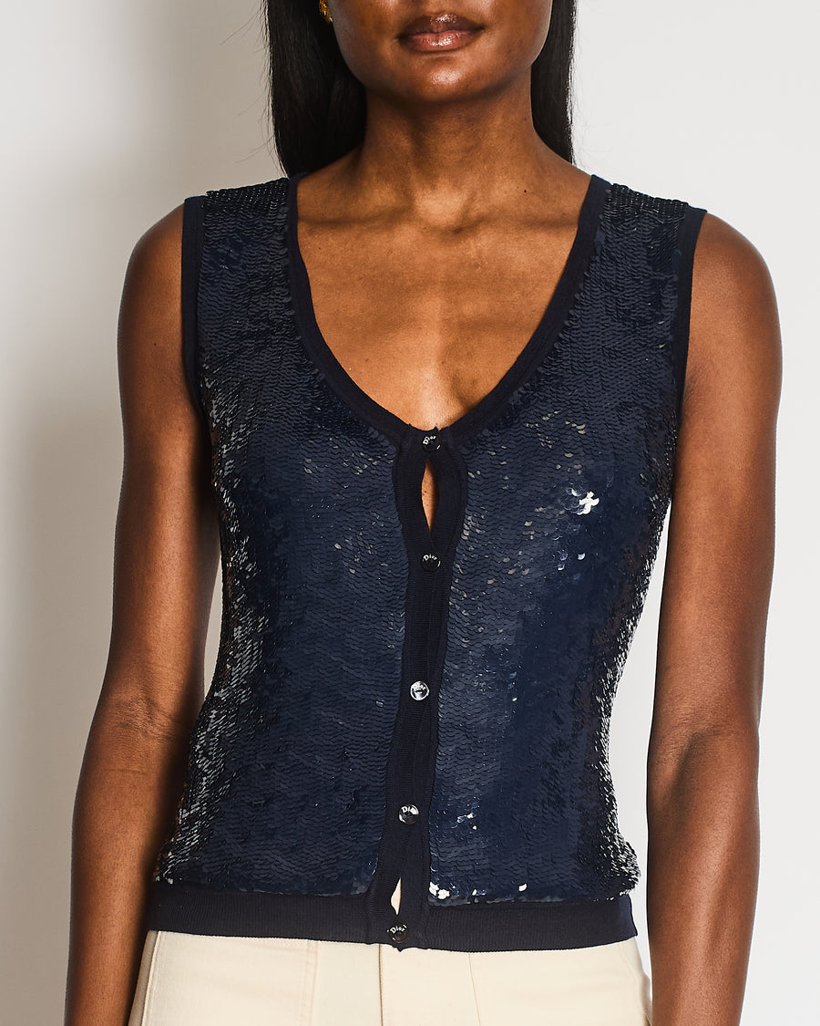 Christian Dior Navy Wool and Sequin Embellished Gilet with Black Logo Buttons Size FR 34 (UK 6)