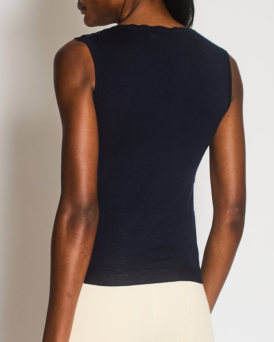 Christian Dior Navy Wool and Sequin Embellished Gilet with Black Logo Buttons Size FR 34 (UK 6)