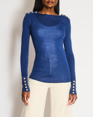 Balmain Blue Wool Long-Sleeved Top with Gold Lion Buttons Detail Size FR 36 (UK 8)
