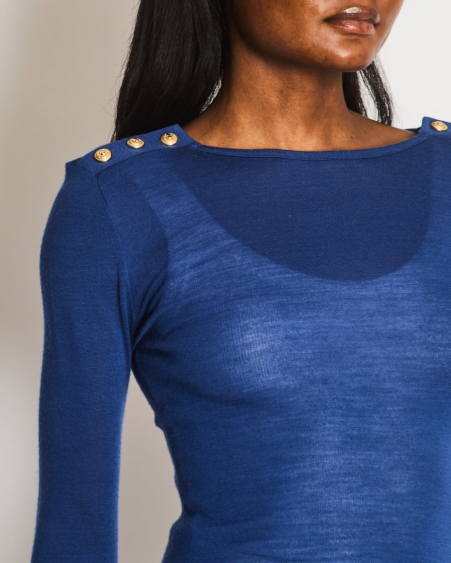 Balmain Blue Wool Long-Sleeved Top with Gold Lion Buttons Detail Size FR 36 (UK 8)
