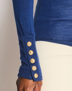 Balmain Blue Wool Long-Sleeved Top with Gold Lion Buttons Detail Size FR 36 (UK 8)